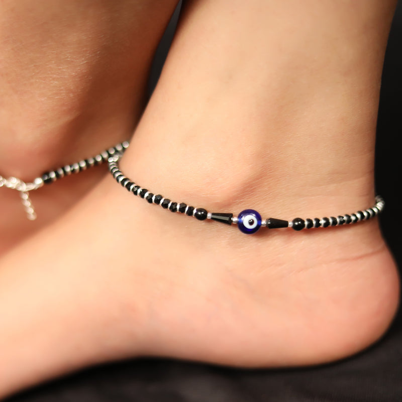 925 Pure Silver Evil Eye Nazarbattu Anklet in Black Beads