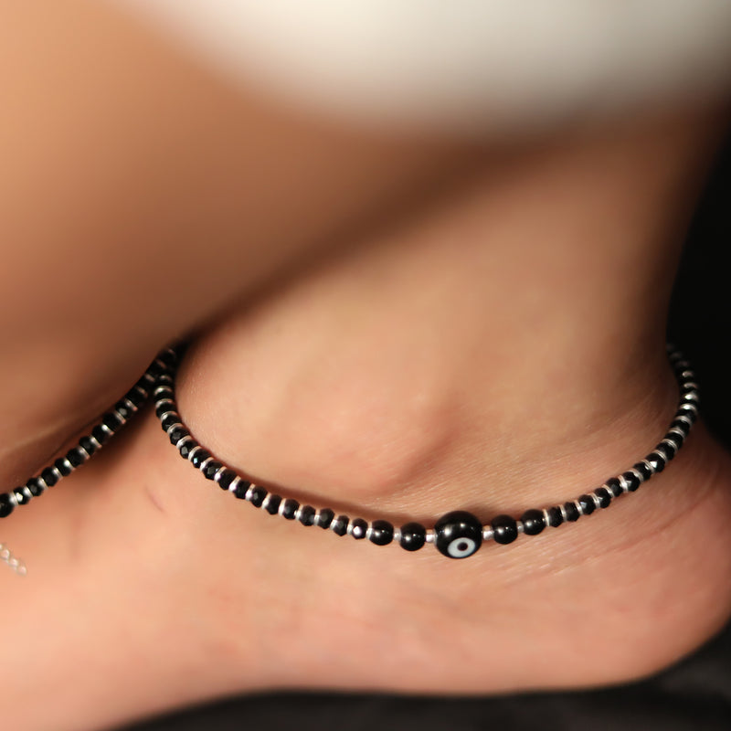 925 Pure Silver Nazarbattu Anklet in Black Beads