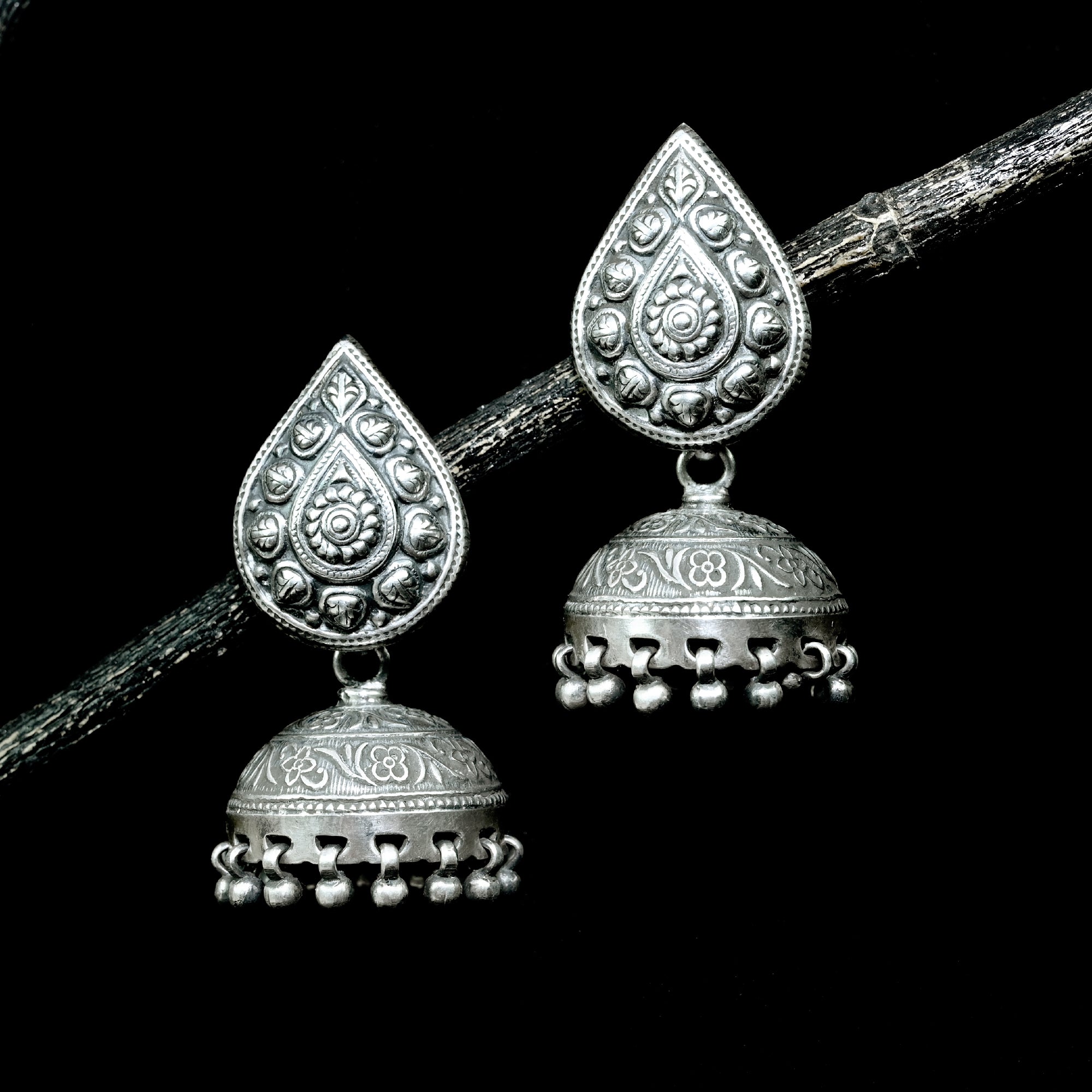 Pure Silver Floral Stone Antique Jhumki Earrings main image 0