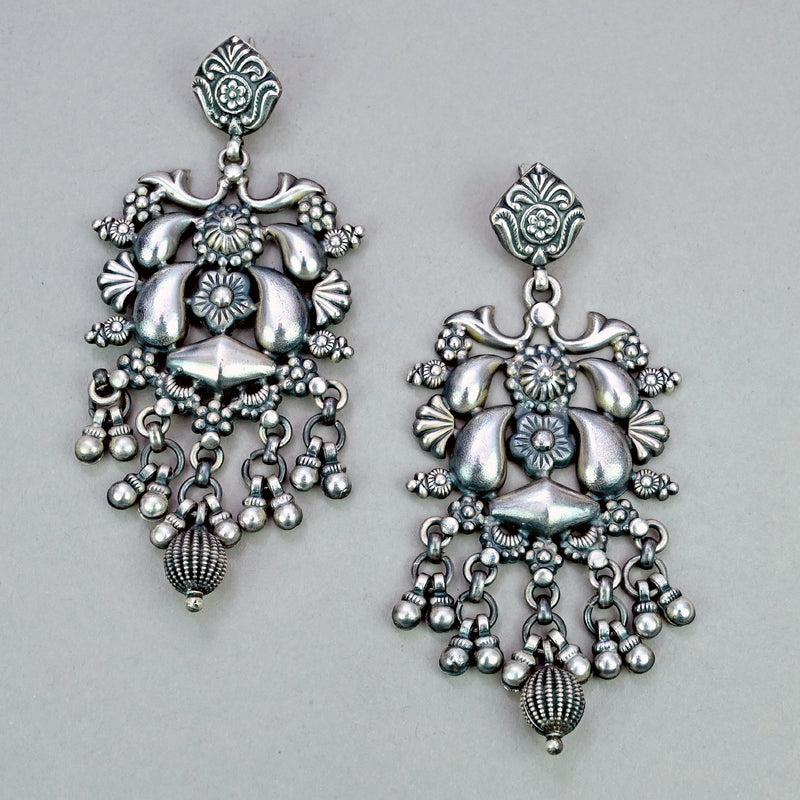 Silver Long Mughal Carved Dangle Drop earrings