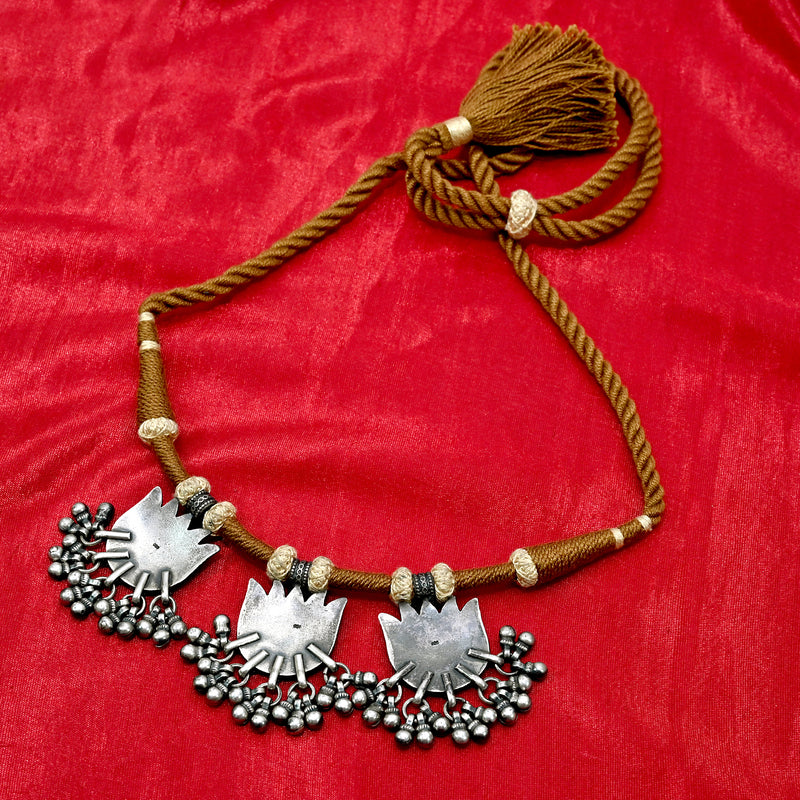 Silver Tribal 3 Lotus Pendant Necklace with Ghungroo