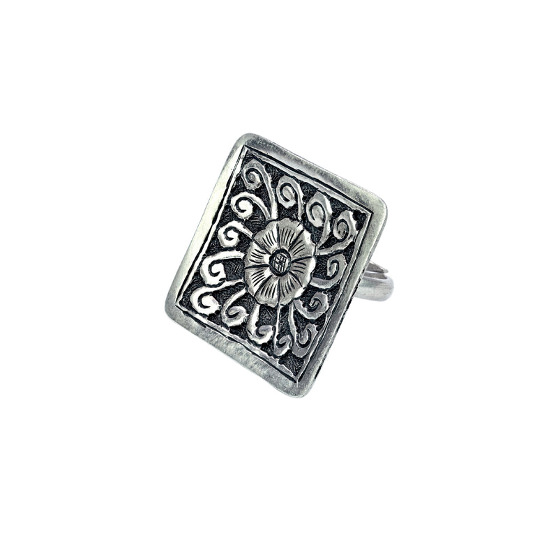 Silver Square Shape Floral Ring