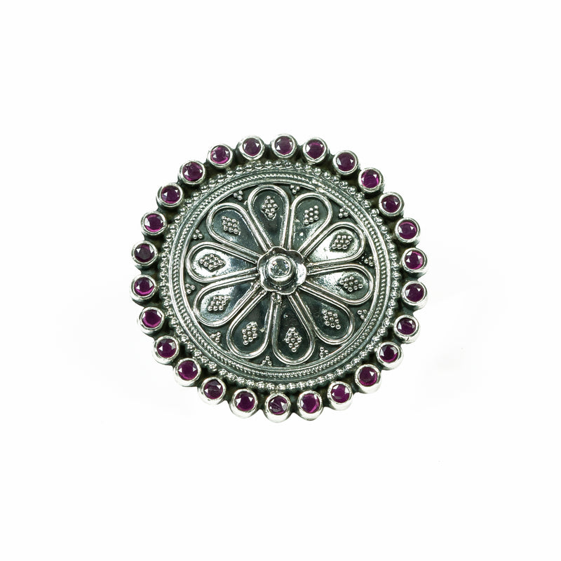 925 Silver Floral deep Maroon Stone Ring