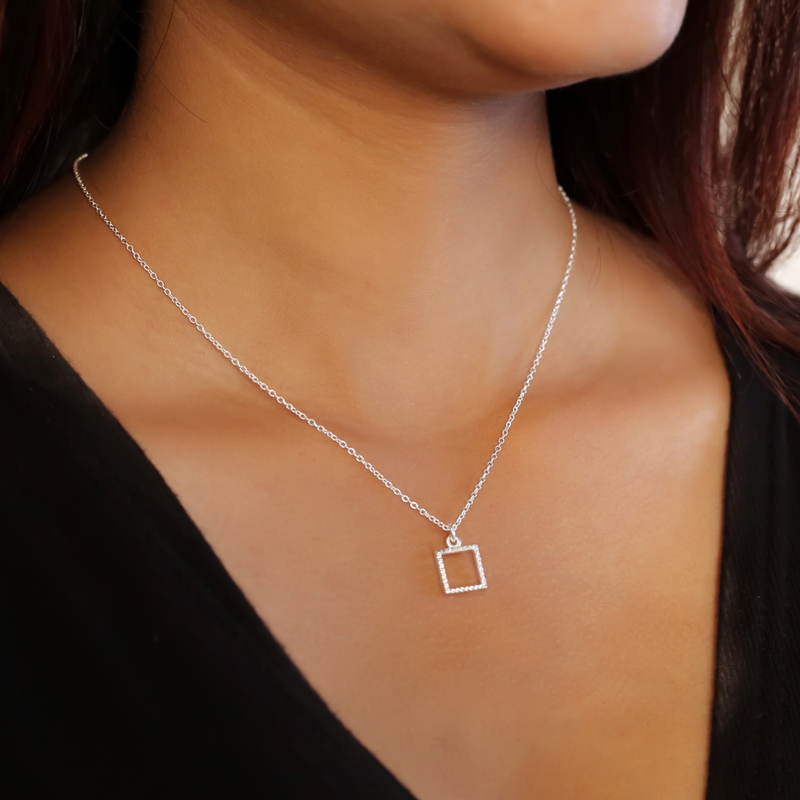 925 Sterling Silver Square Zircon Necklace Pendant With Chain