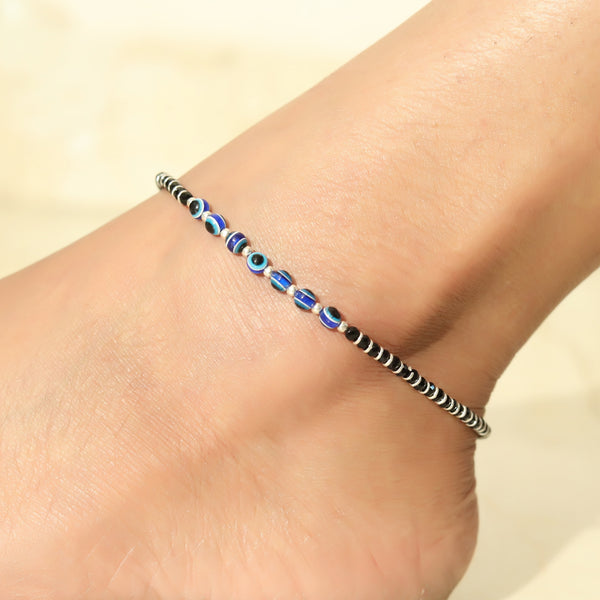 Pure Silver Nazarbattu Anklet in Black Beads With Evil Eye Beads