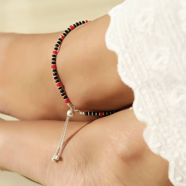 Pure Silver Nazarbattu Anklet in Red and Black Beads