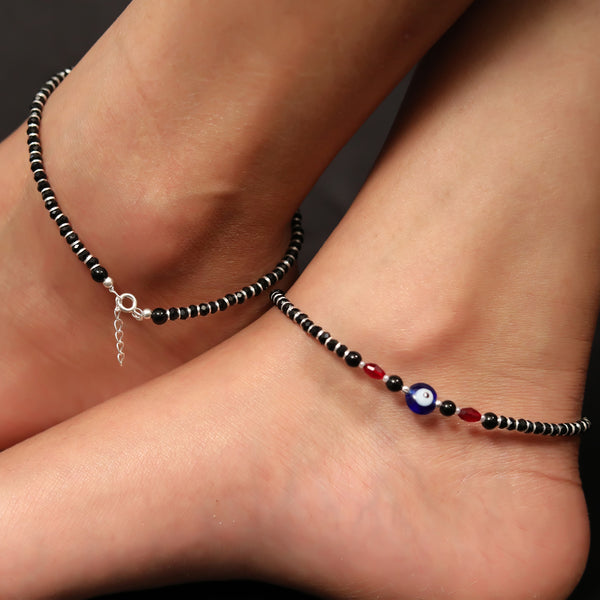 925 Pure Silver Nazarbattu Anklet in Black and Red Beads