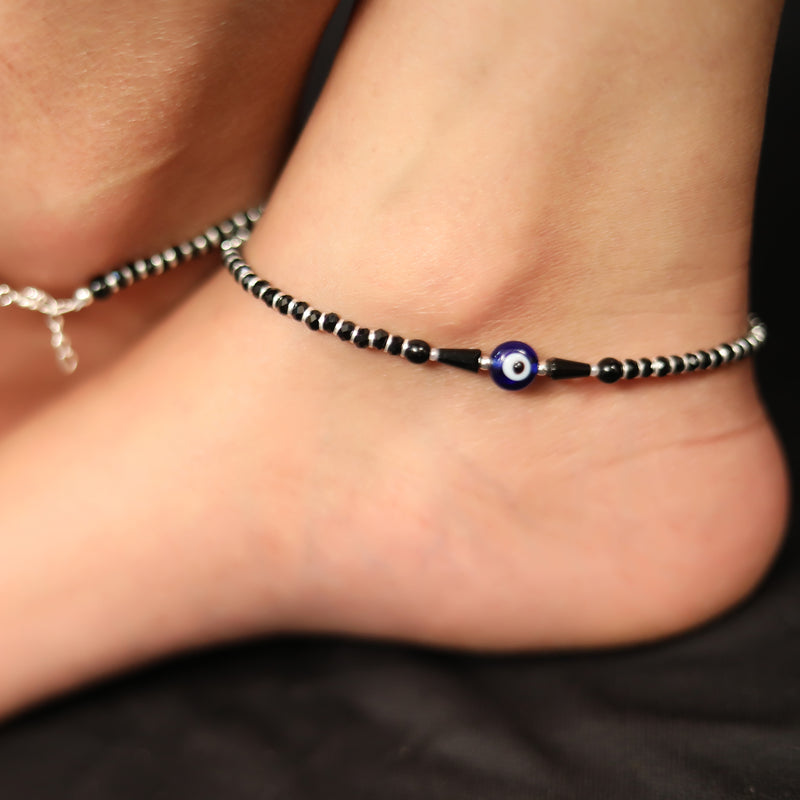 925 Pure Silver Evil Eye Nazarbattu Anklet in Black Beads