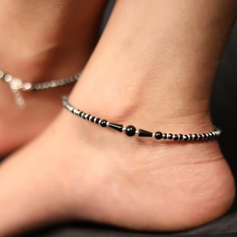925 Pure Silver Nazarbattu Anklet in Black Beads