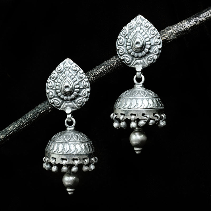 Pure Silver Antique Pear Designed Layered Jhumki