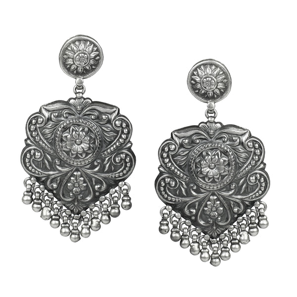925 Sterling Silver Chitai Work Dangle Drop Earrings