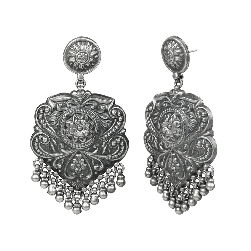 925 Sterling Silver Chitai Work Dangle Drop Earrings