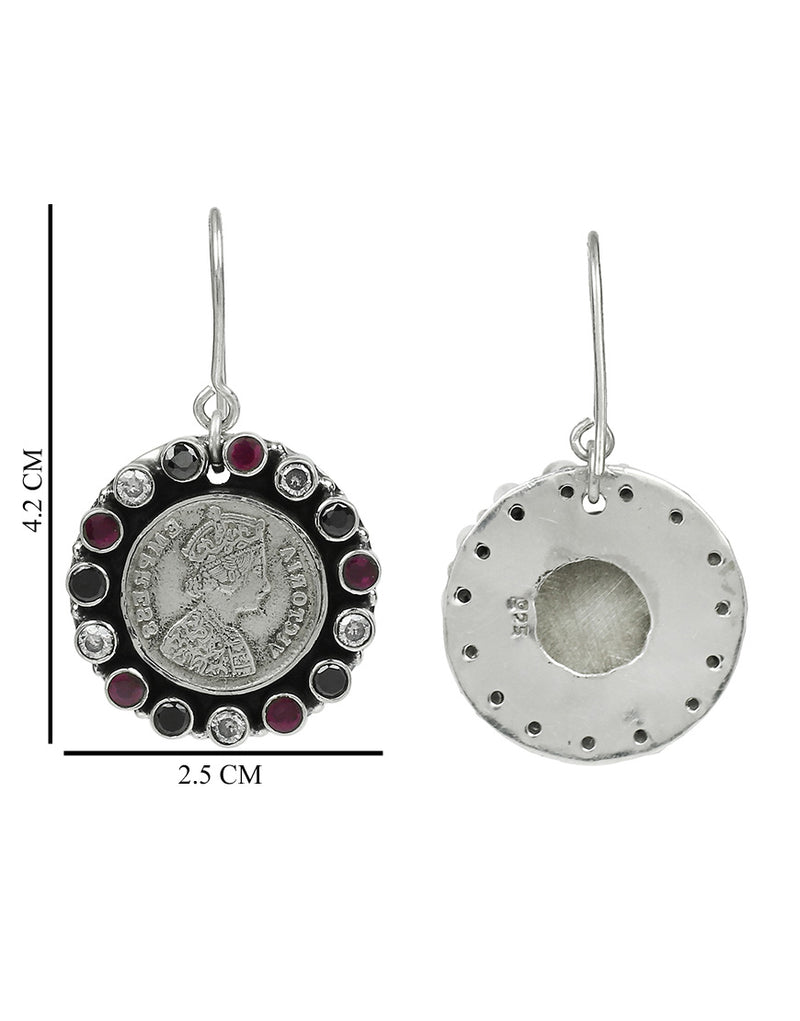925 Sterling Silver Victorian Coin With Zircon Multi Color Stone Earrings