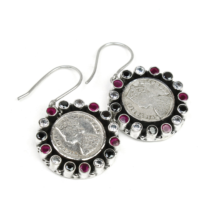 925 Sterling Silver Victorian Coin With Zircon Multi Color Stone Earrings