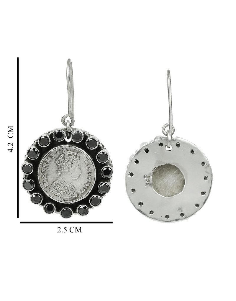 925 Sterling Silver Victorian Coin With Zircon Black Color Stone Earrings