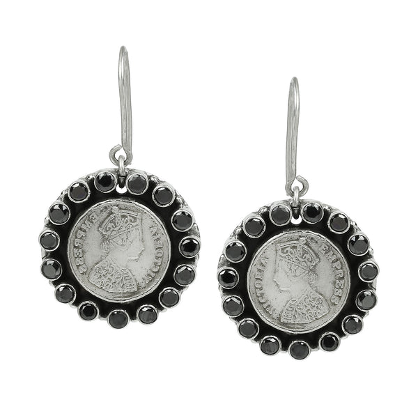925 Sterling Silver Victorian Coin With Zircon Black Color Stone Earrings