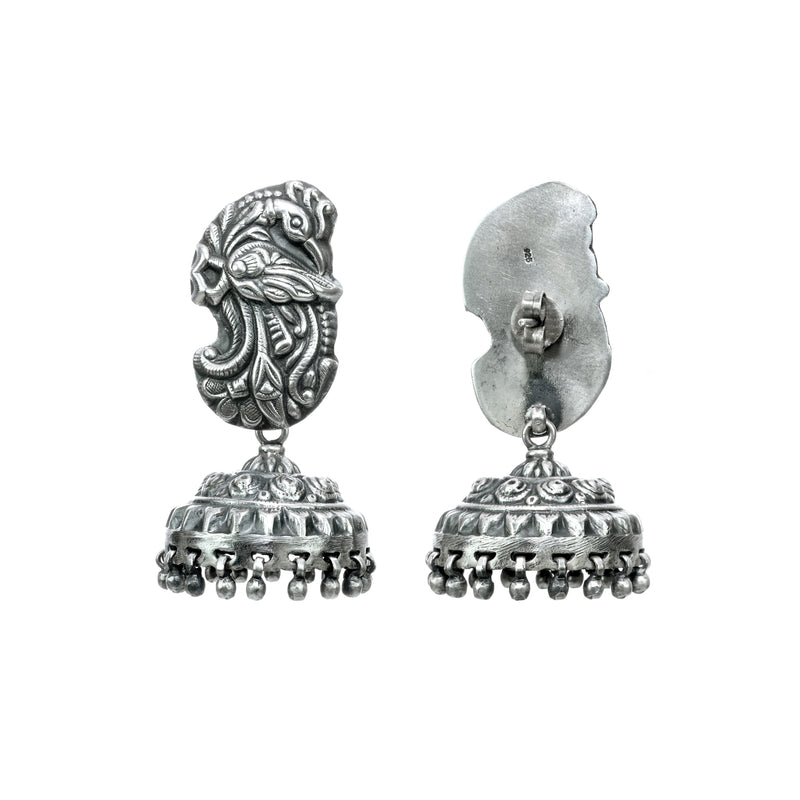 925 Silver Mughal Peacock carvings Jhumki Earrings