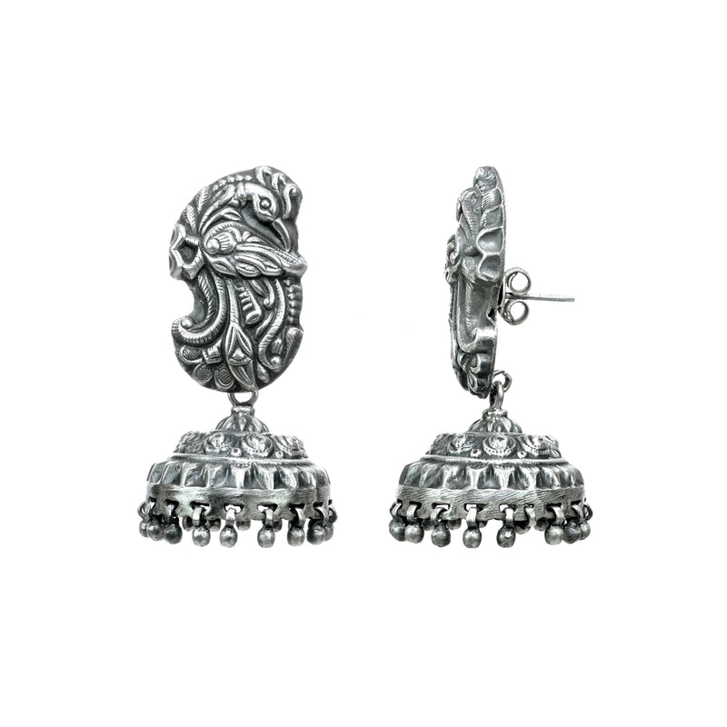 925 Silver Mughal Peacock carvings Jhumki Earrings