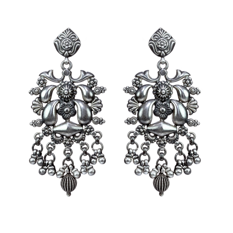 Silver Long Mughal Carved Dangle Drop earrings