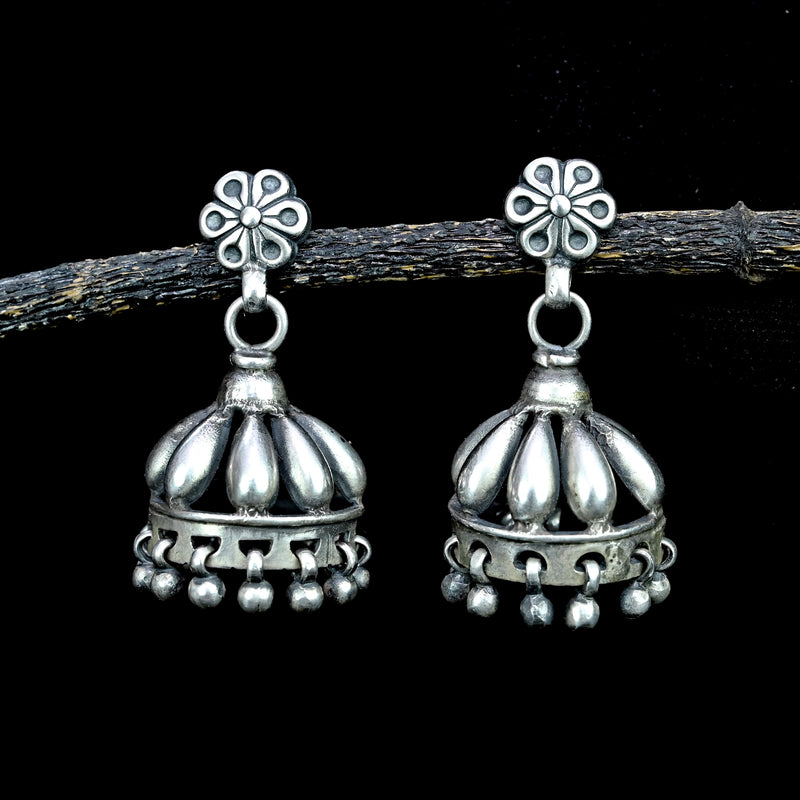 Silver Tribal Antique Mini Floral Size Jhumki Earrings