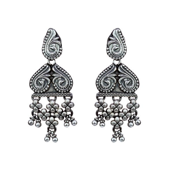 925 Silver Antique Peacock Engraved Earrings