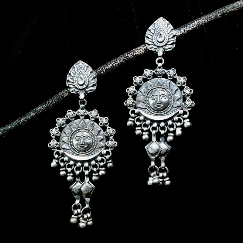 Silver Handcrafted Tribal Long Drop Surya Earrings
