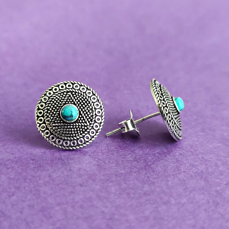 925 Sterling Silver Minimalist Round Studs In Turquoise Stone