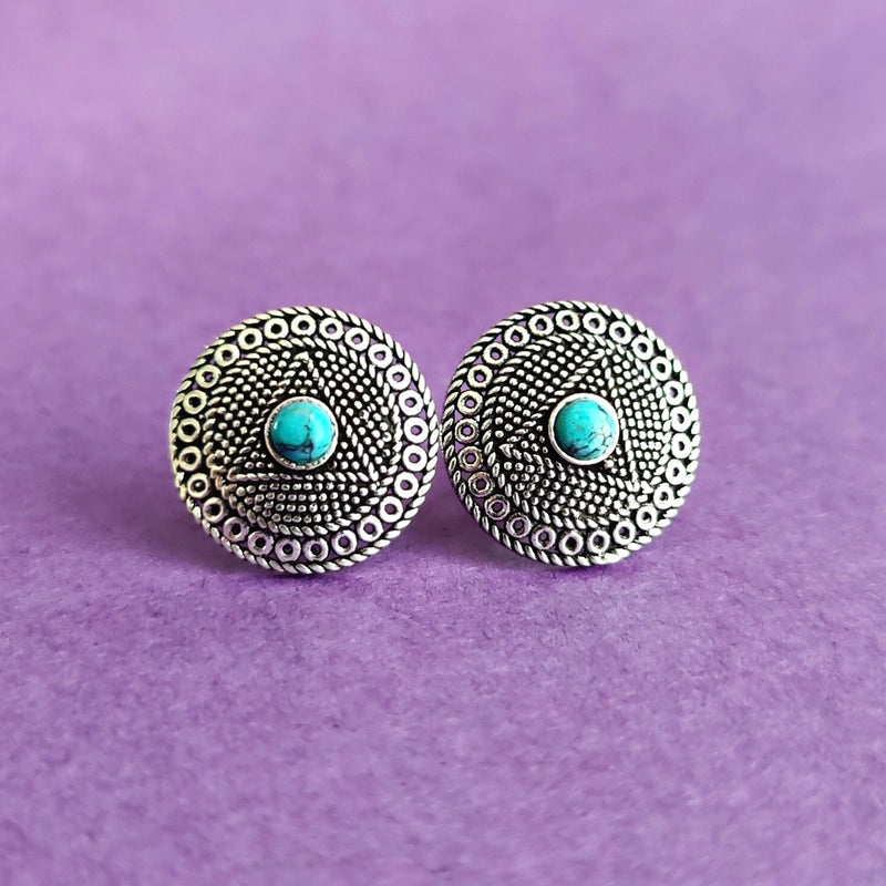 925 Sterling Silver Minimalist Round Studs In Turquoise Stone