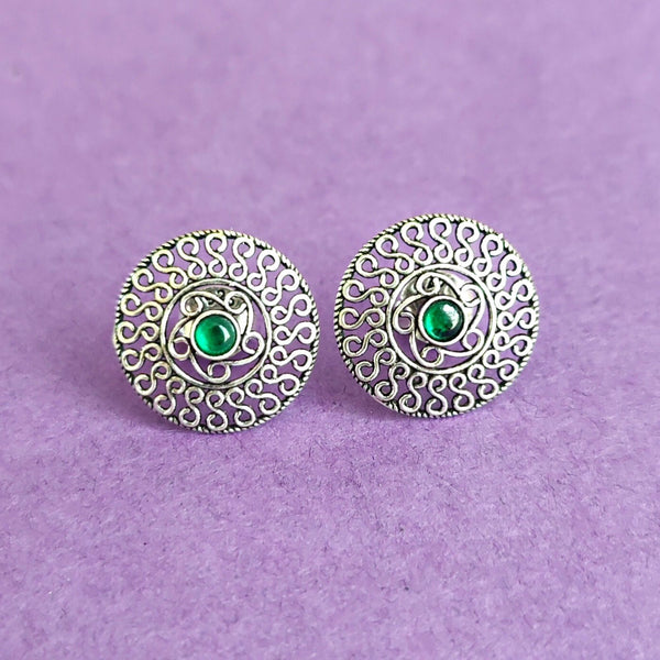 925 Sterling Silver Minimalist Round Studs In Green Stone