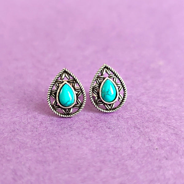 925 Sterling Silver Minimalist Pear Shape Studs In Turquoise Stone