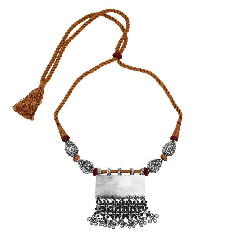 Pure Silver Antique Finished Pendant Necklace With Silver Beads