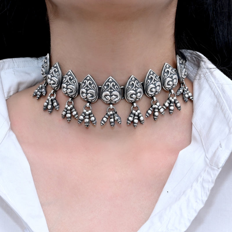 Silver Antique Pear Shape Chokar Necklace