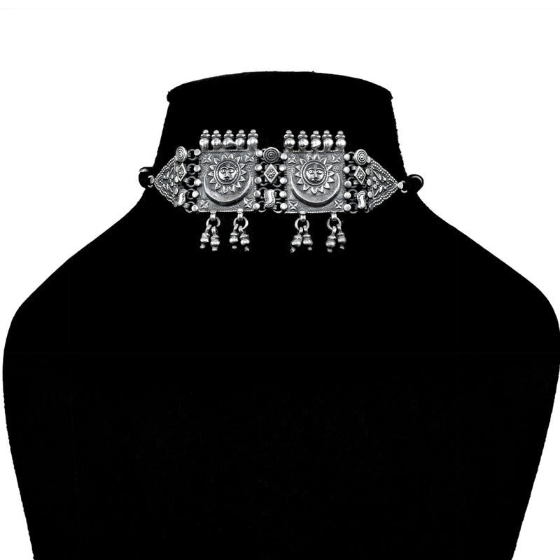 925 Pure Silver Tribal Antique Chokar Necklace Set In Sun Design
