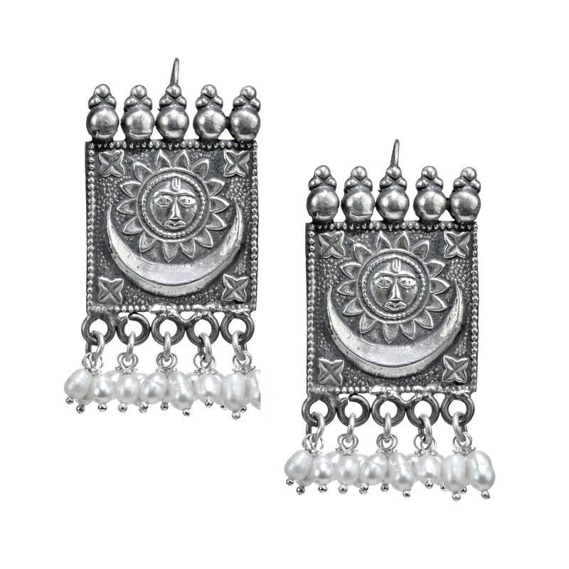925 Pure Silver Tribal Antique Chokar Necklace Set In Sun Design With Earring In Pearl String