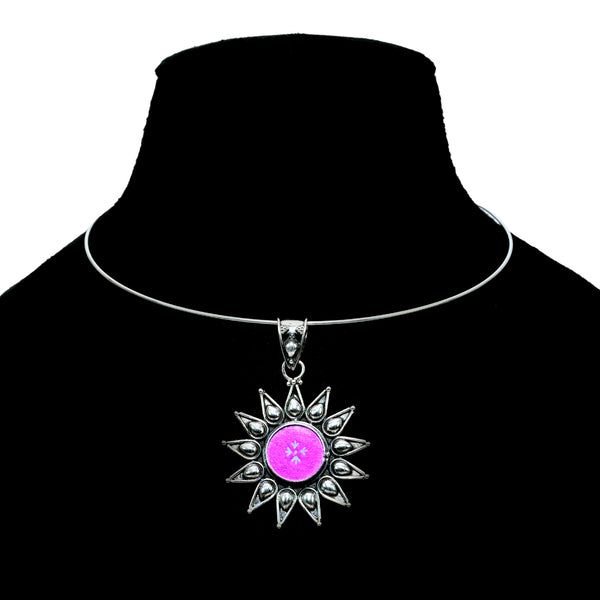 Silver Handcrafted Chakra with Pink Mirror Pendant