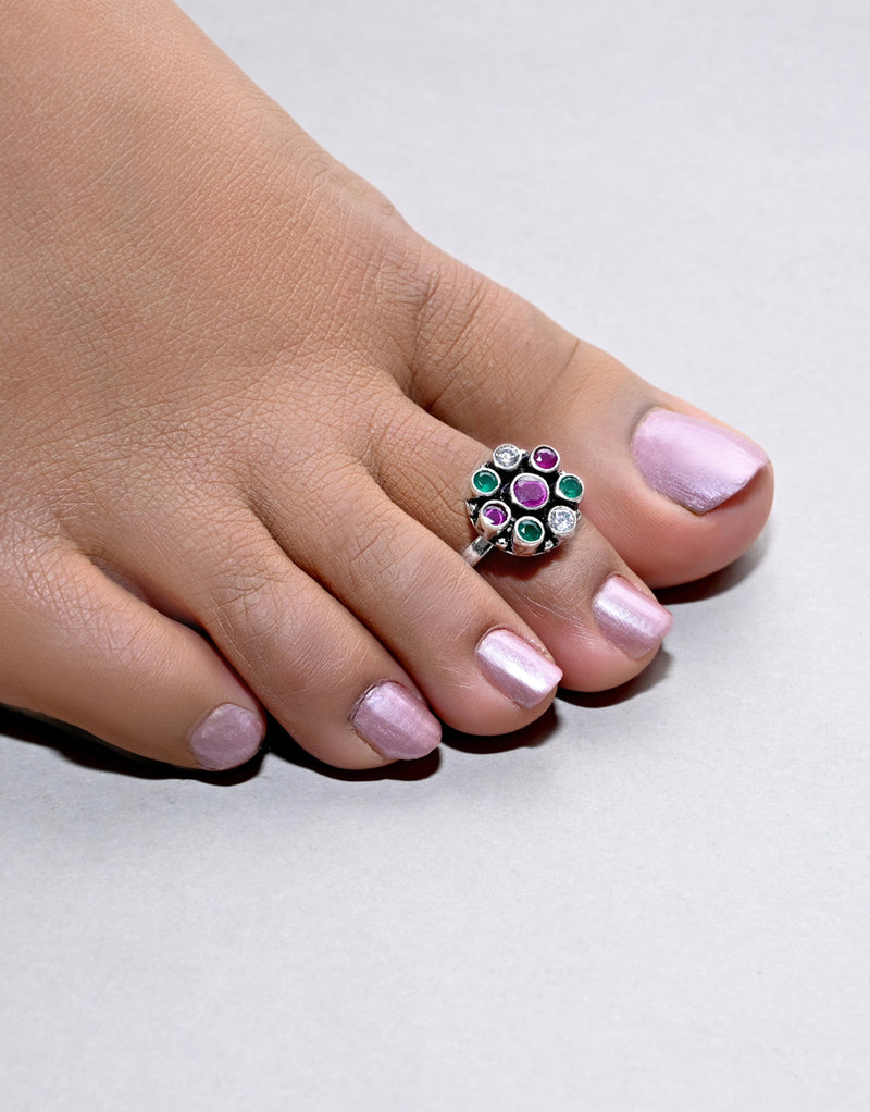 925 Silver Floral Stone Toe Ring